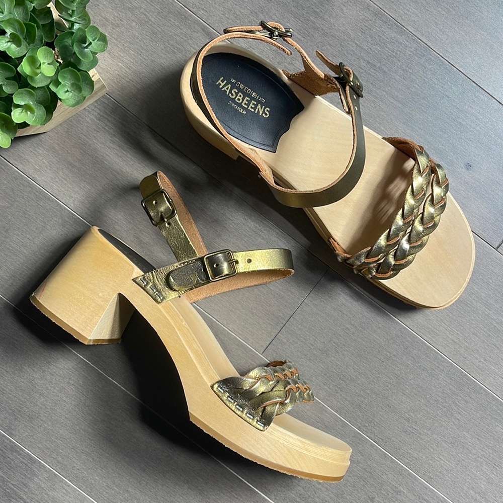 Swedish Hasbeens Tanja Chunky Heel Wood Sole Sandal Gold